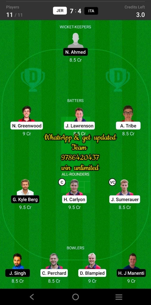 JER vs ITA 13th Match Dream11 Team fantasy Prediction CWC One-Day Challenge League B