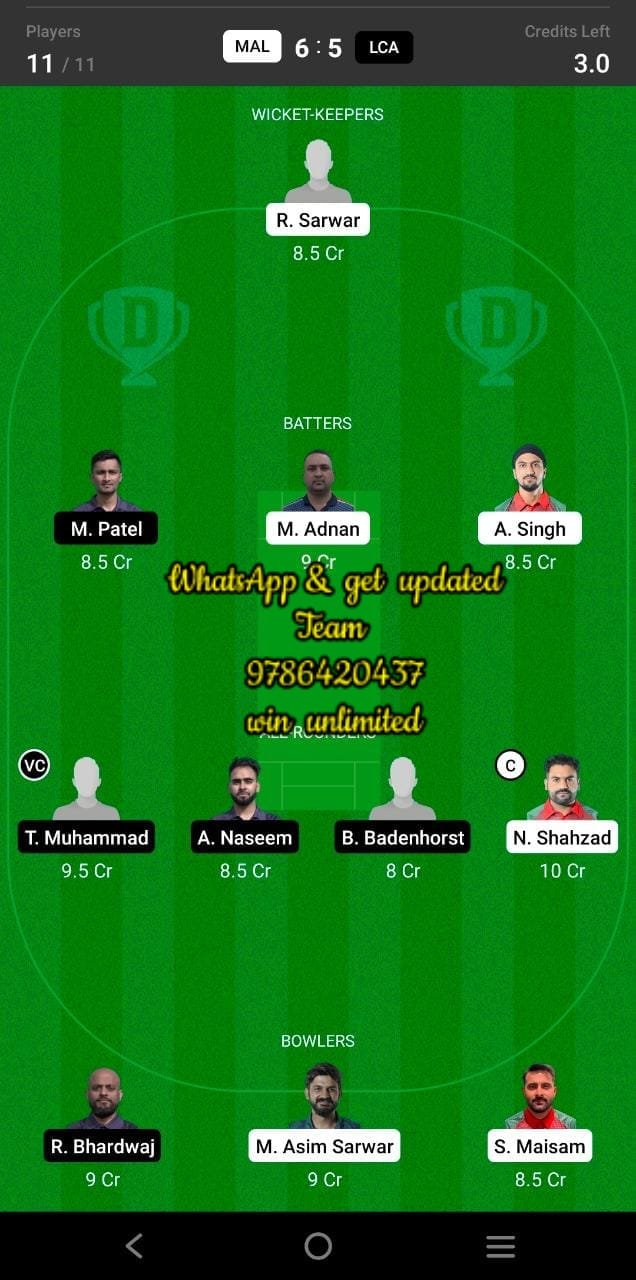 MAL vs LCA 26th Match Dream11 Team fantasy Prediction FanCode European Cricket T10 - Portugal