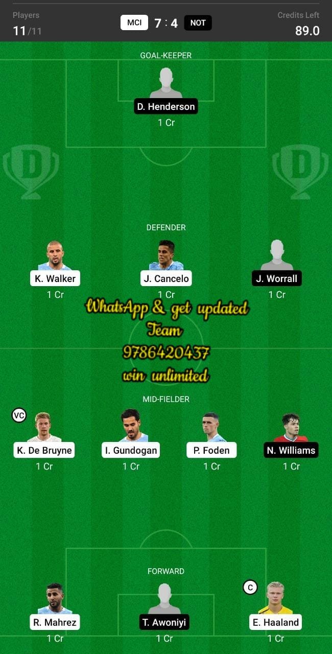 MCI vs NOT Dream11 Team fantasy Prediction Premier League