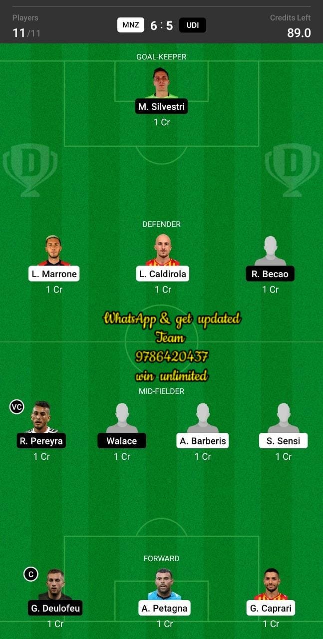 MNZ vs UDI Dream11 Team fantasy Prediction Serie A