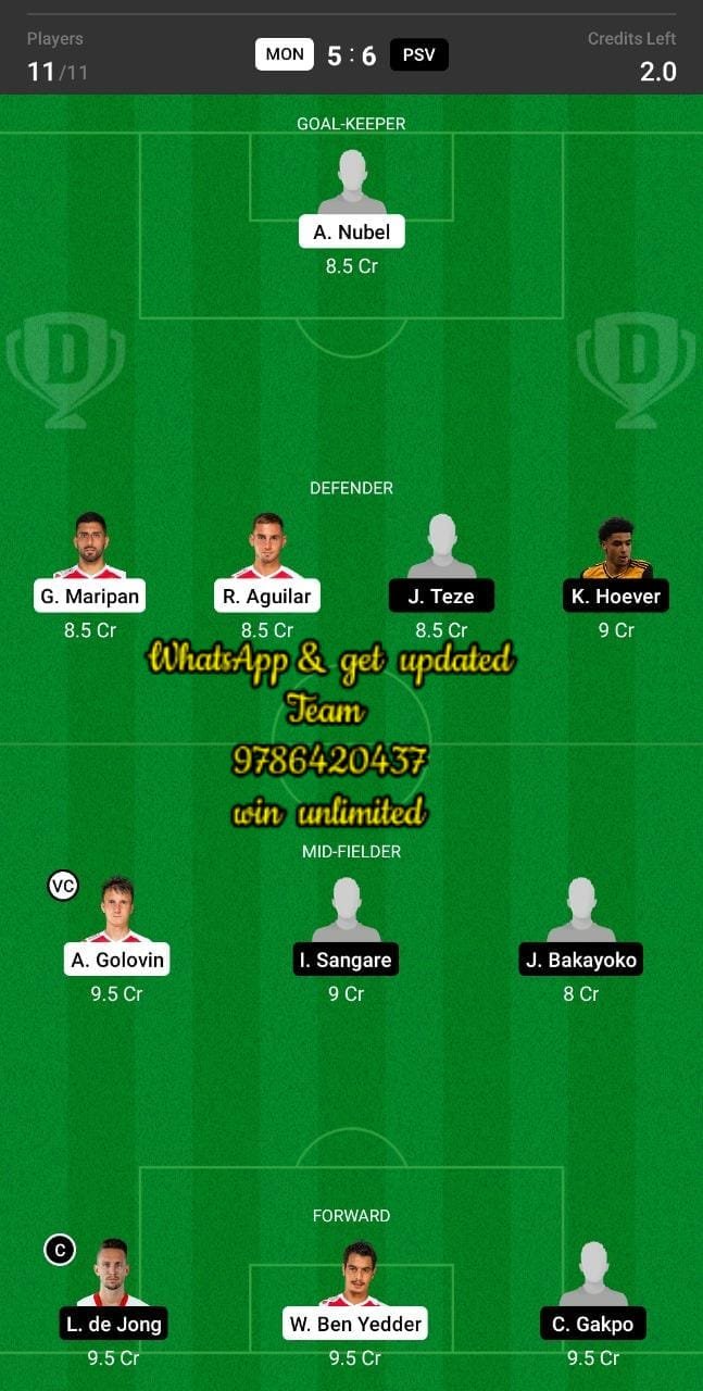 MON vs PSV Dream11 Team fantasy Prediction Champions League Qualifiers