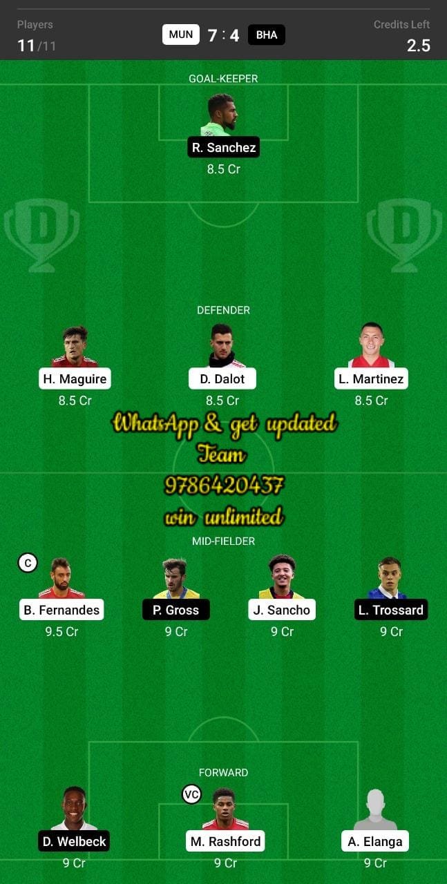 MUN vs BHA Dream11 Team fantasy Prediction Premier League