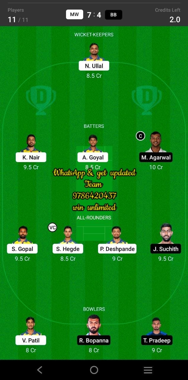 MW vs BB 26th Match Dream11 Team fantasy Prediction Shriram Maharaja Trophy KSCA T20