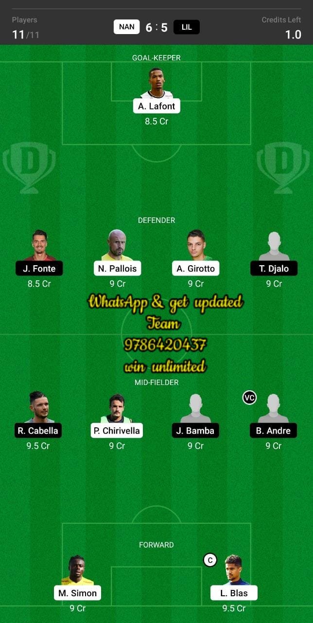 NAN vs LIL Dream11 Team fantasy Prediction Ligue 1