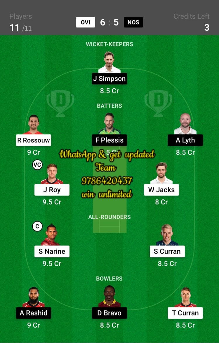 OVI vs NOS 9th Match Dream11 Team fantasy Prediction The Hundred