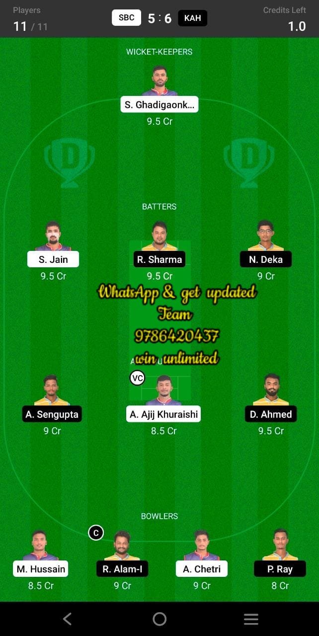 SBC vs KAH 13th Match Dream11 Team fantasy Prediction BYJU's Assam T20