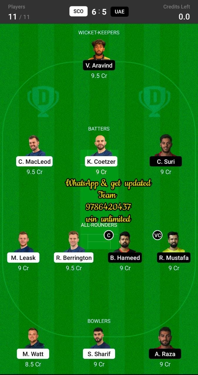 SCO vs UAE 4th Match Dream11 Team fantasy Prediction CWC League-2 One-Day