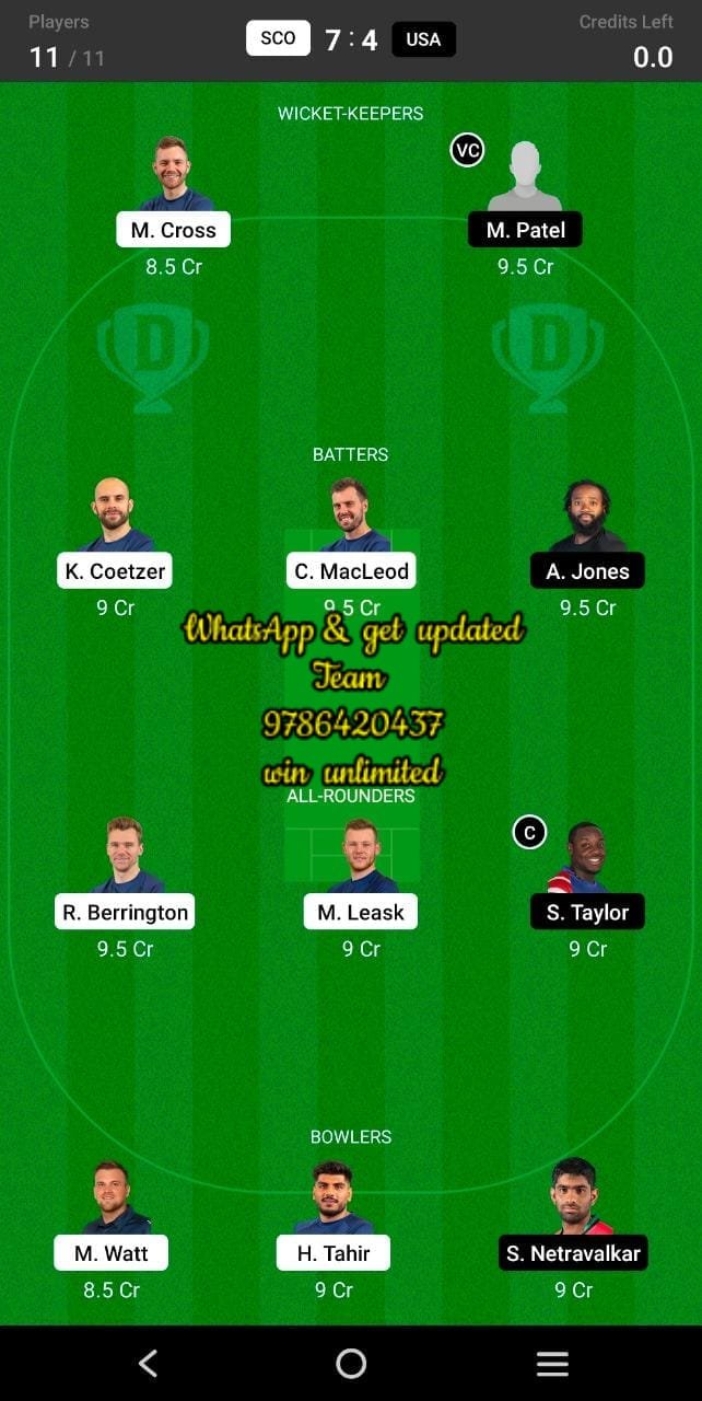 SCO vs USA 3rd Match Dream11 Team fantasy Prediction CWC League-2 One-Day