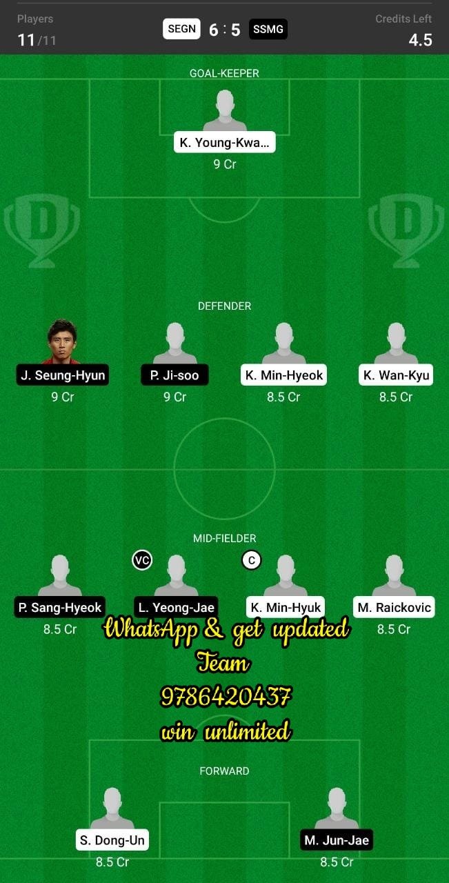 SEGN vs SSMG Dream11 Team fantasy Prediction K League