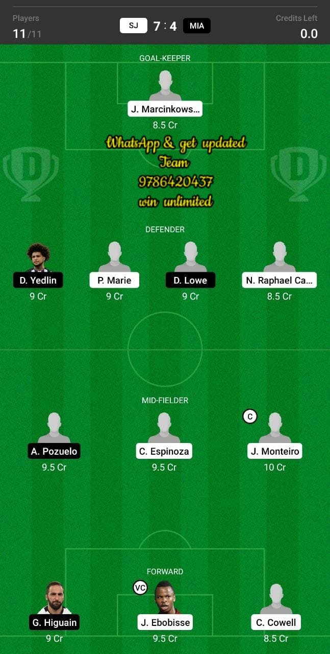 SJ vs MIA Dream11 Team fantasy Prediction Major League Soccer