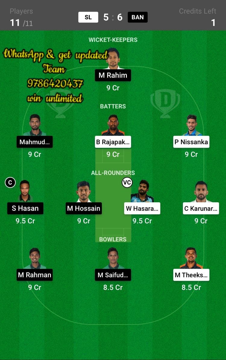 SL vs BAN 5th Match Dream11 Team fantasy Prediction Asia Cup T20I