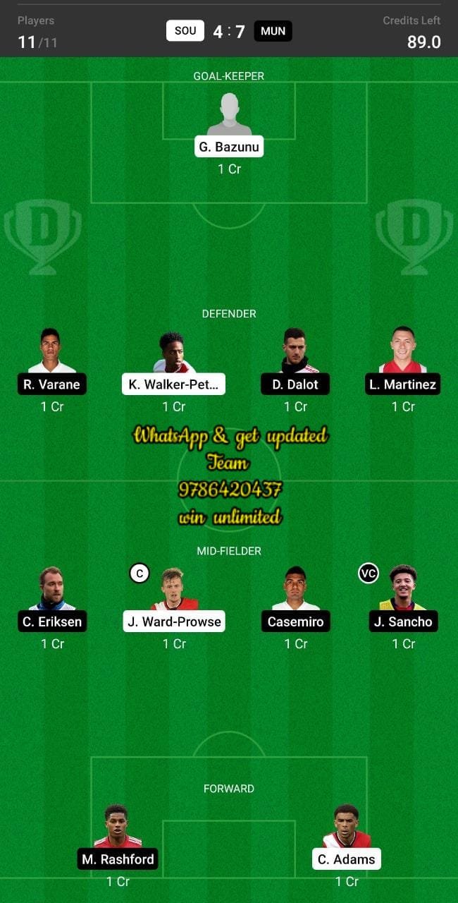 SOU vs MUN Dream11 Team fantasy Prediction Premier League