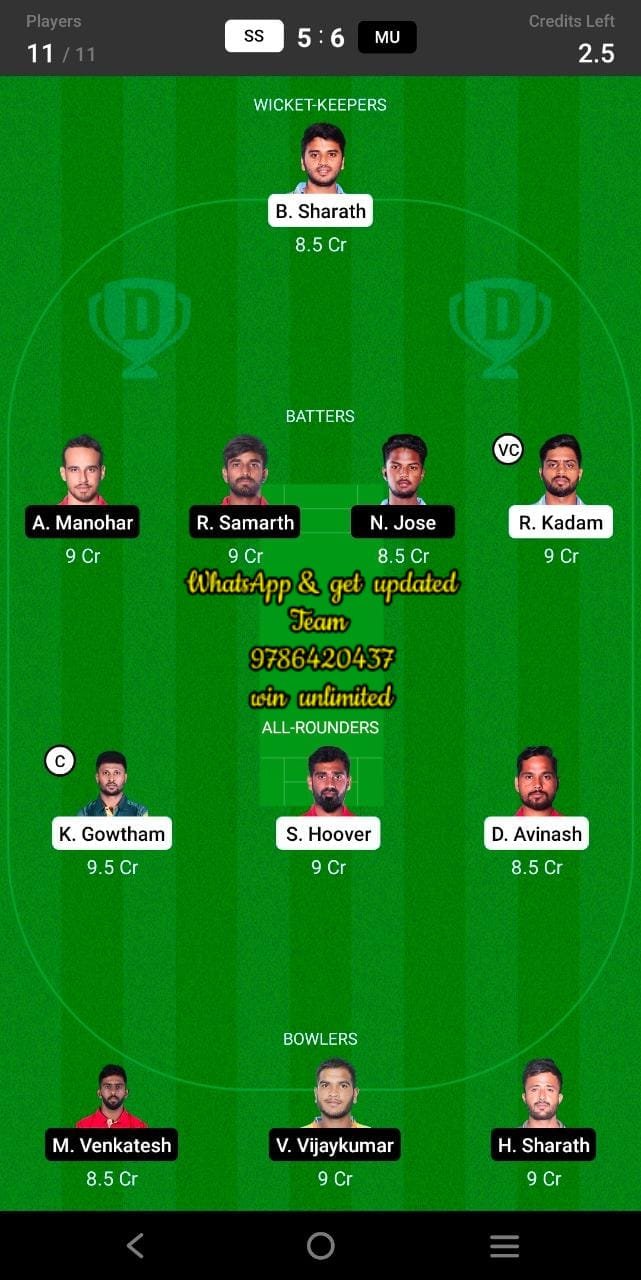 SS vs MU 25th Match Dream11 Team fantasy Prediction Shriram Maharaja Trophy KSCA T20