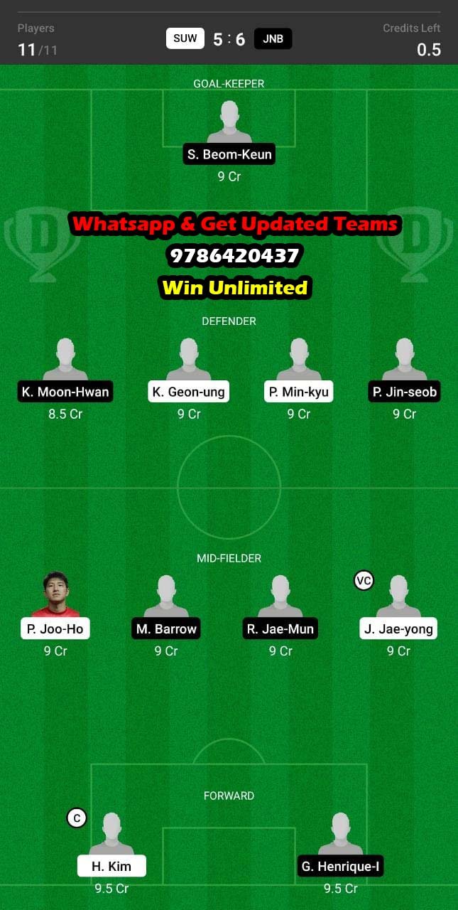 SUW vs JNB Dream11 Team fantasy Prediction K League