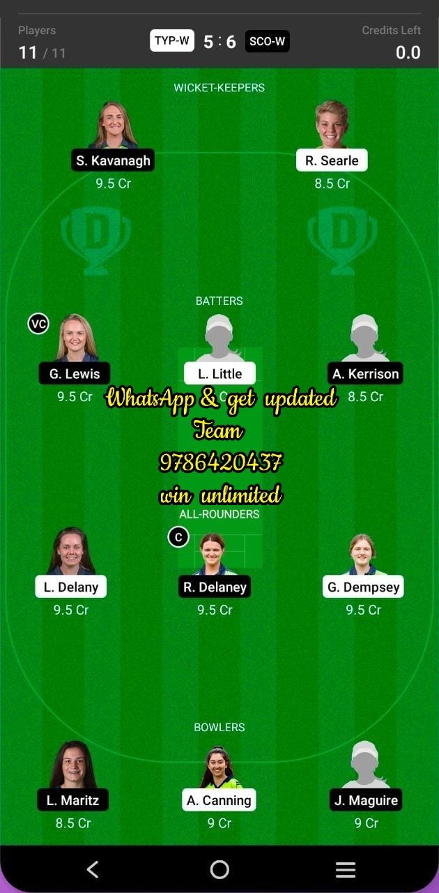 TYP-W vs SCO-W 7th Match Dream11 Team fantasy Prediction Ireland Women's ODD