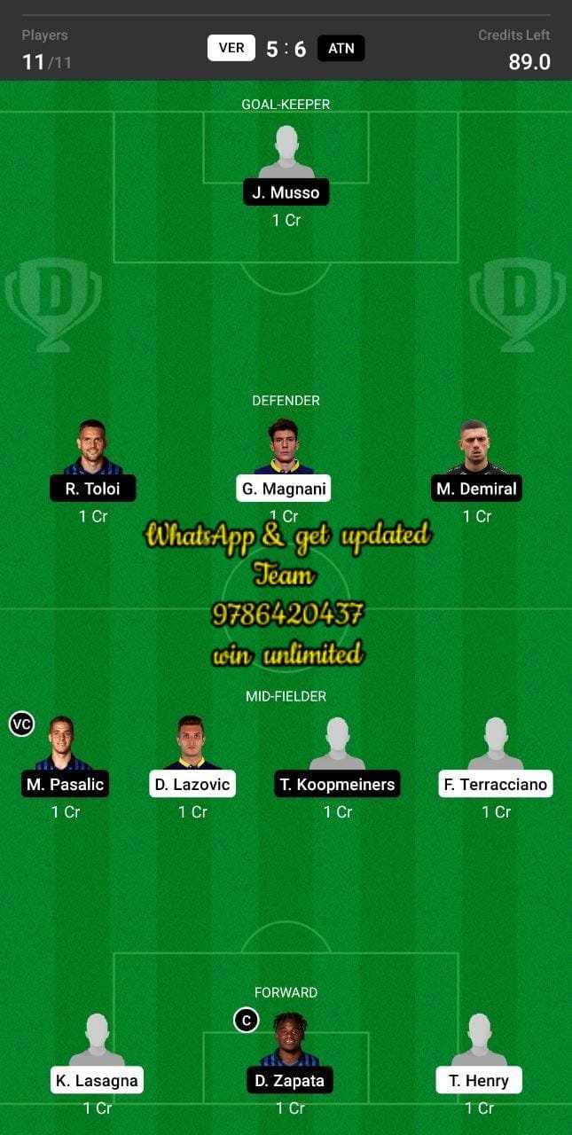 VER vs ATN Dream11 Team fantasy Prediction Serie A