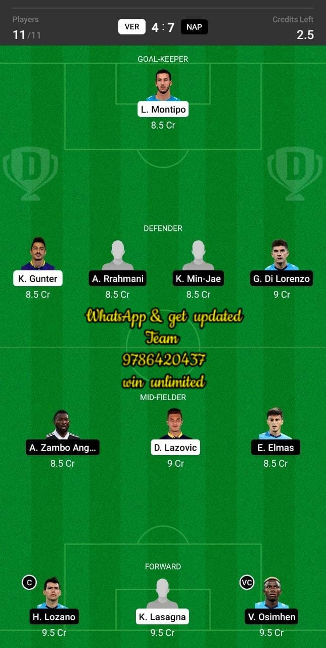 VER vs NAP Dream11 Team fantasy Prediction Serie A