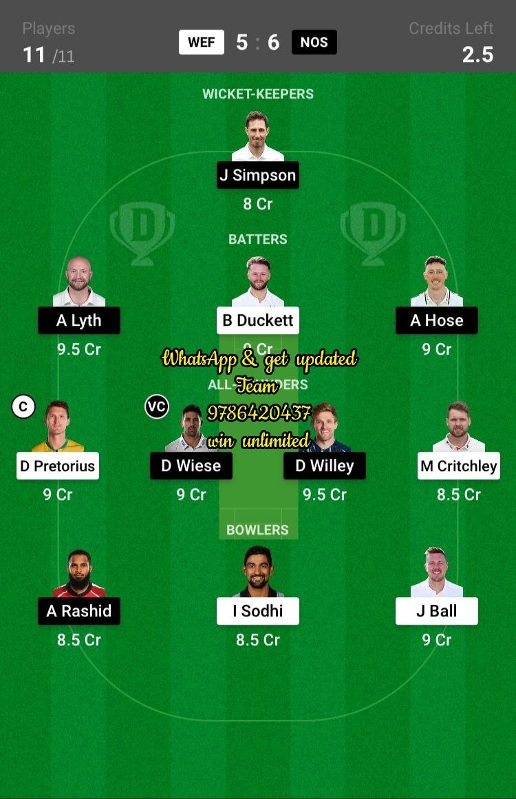 WEF vs NOS 26th Match Dream11 Team fantasy Prediction The Hundred