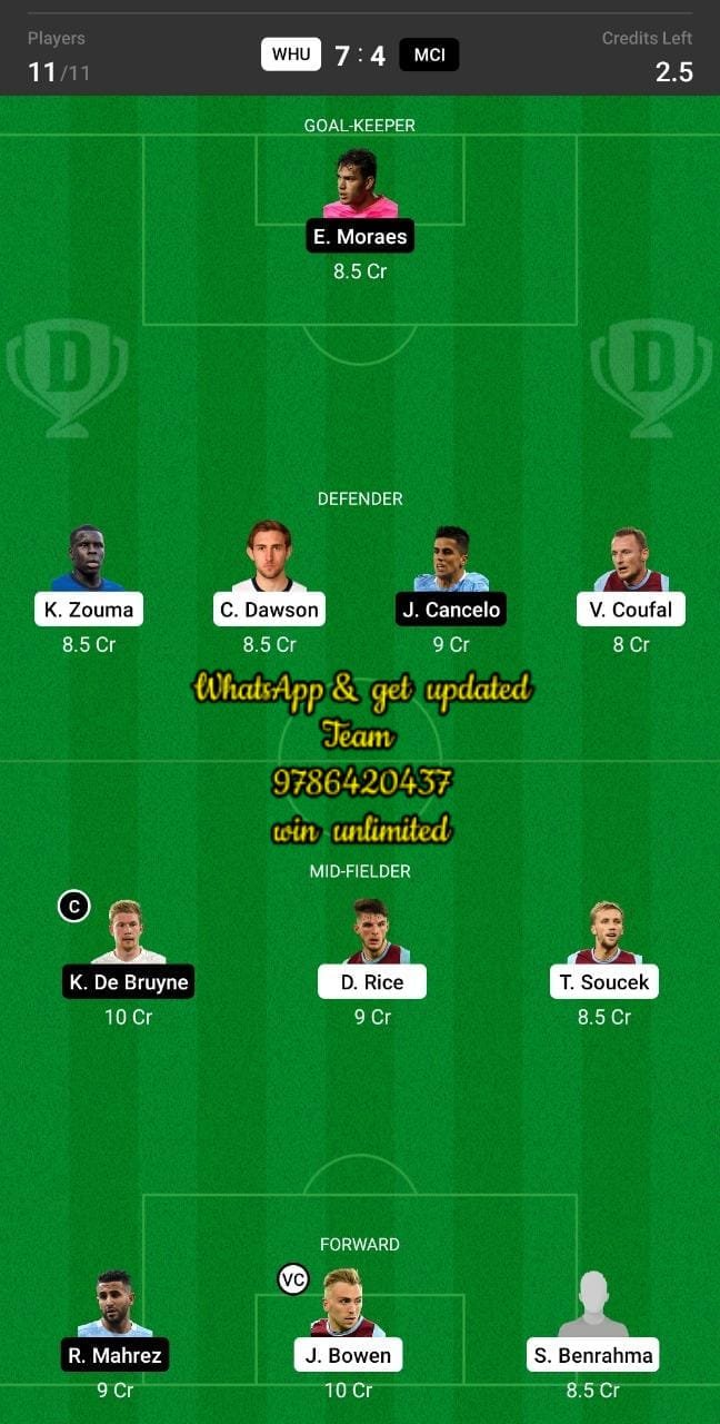 WHU vs MCI Dream11 Team fantasy Prediction Premier League