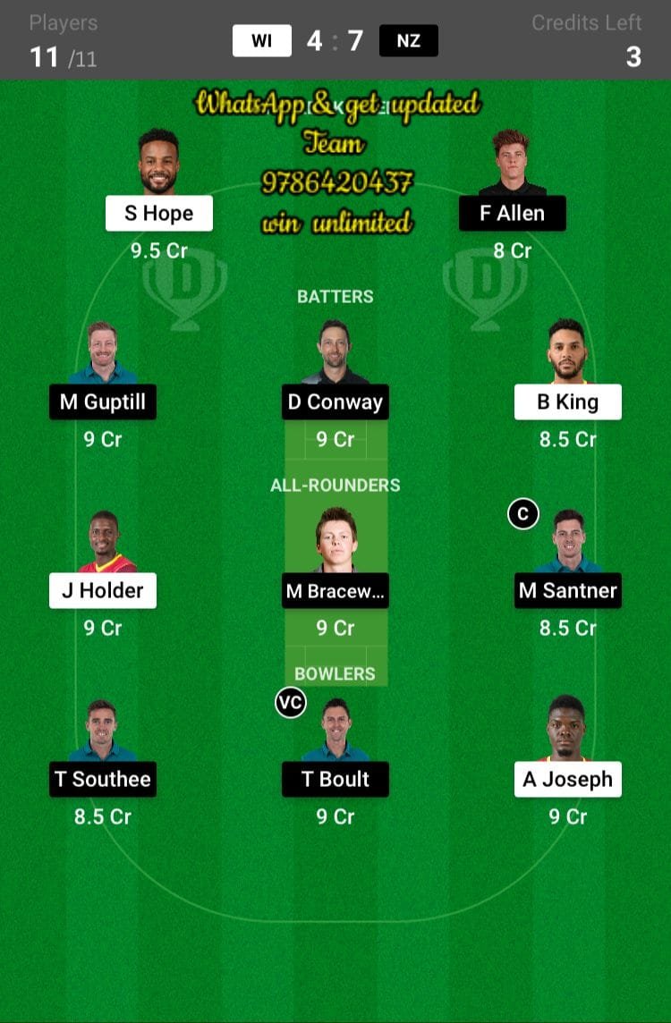 WI vs NZ 3rd ODI Match Dream11 Team fantasy Prediction New Zealand tour of West Indies