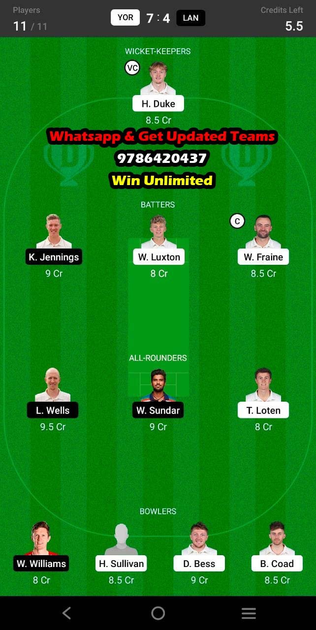 YOR vs LAN 9th Match Dream11 Team fantasy Prediction English Domestic One-Day Cup