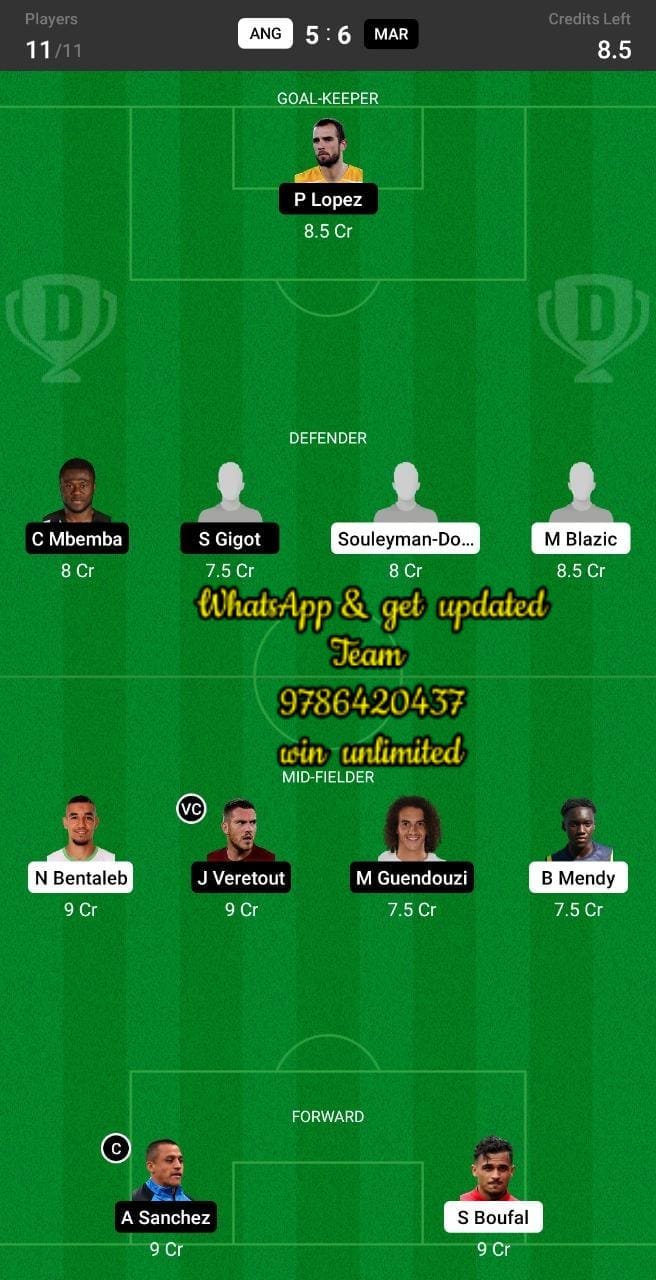 ANG vs MAR Dream11 Team fantasy Prediction Ligue 1