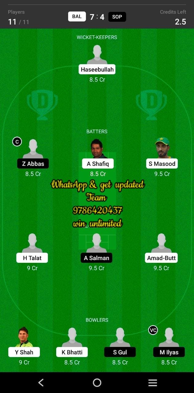 BAL vs SOP 20th Match Dream11 Team fantasy Prediction National T20 Cup