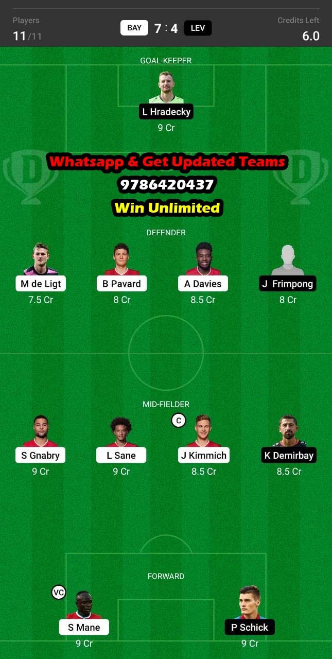 BAY vs LEV Dream11 Team fantasy Prediction Bundesliga