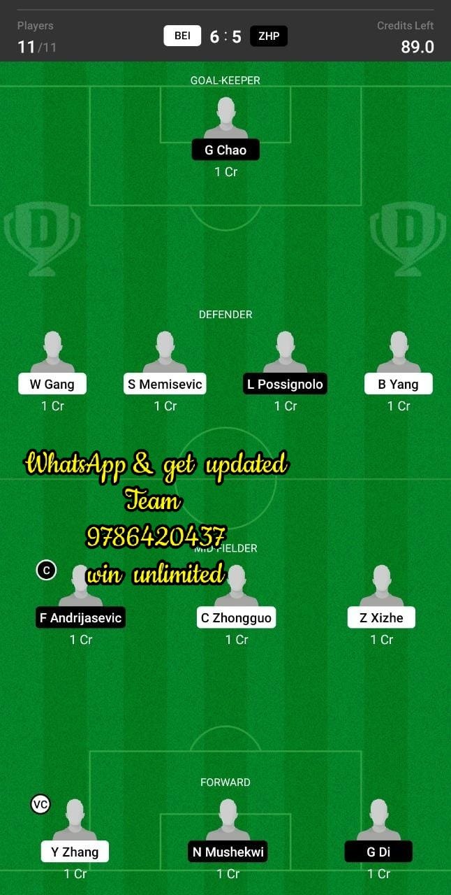 BEI vs ZHP Dream11 Team fantasy Prediction Chinese Super League