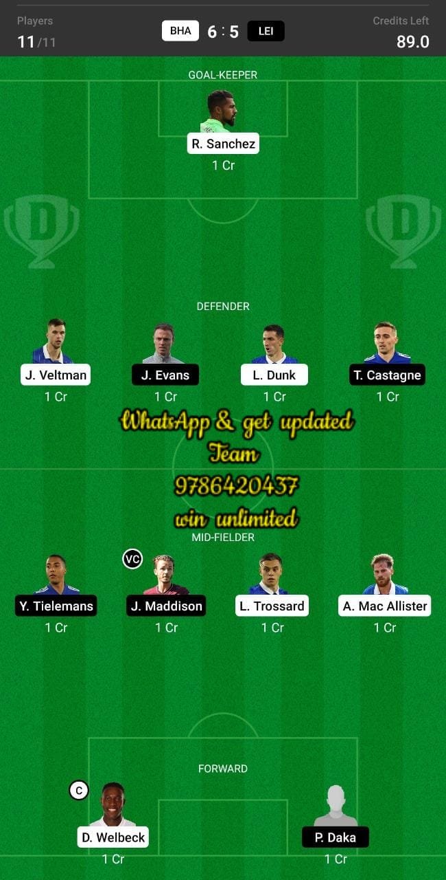 BHA vs LEI Dream11 Team fantasy Prediction Premier League