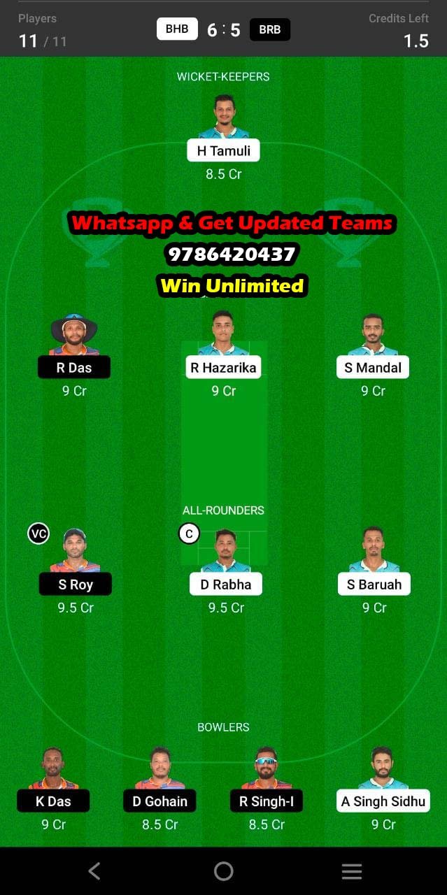 BHB vs BRB 1st Semi-Final Match Dream11 Team fantasy Prediction BYJUS Assam T20