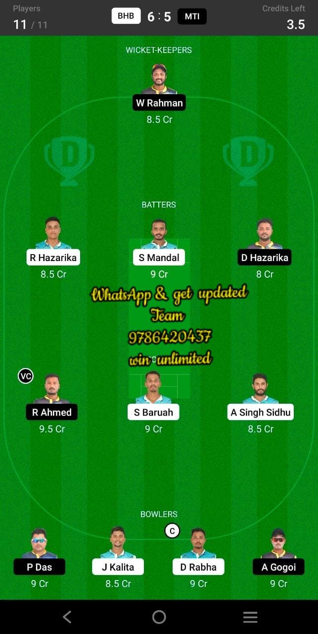 BHB vs MTI 29th Match Dream11 Team fantasy Prediction BYJU's Assam T20