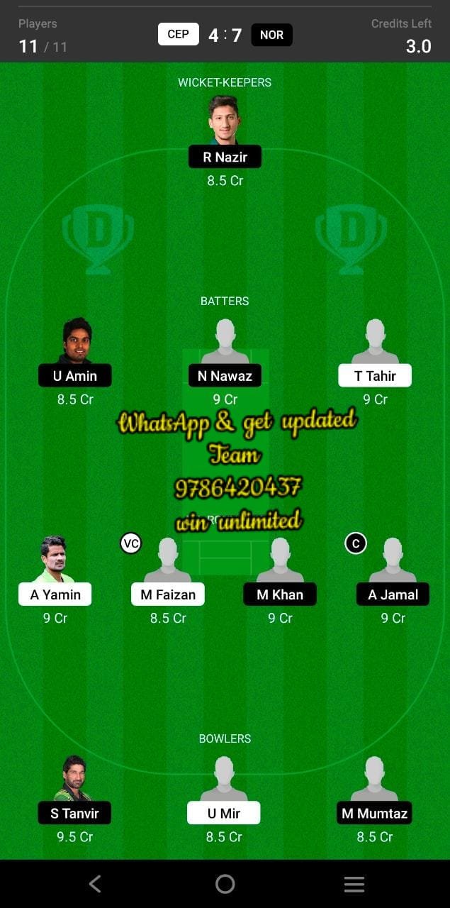 CEP vs NOR 27th Match Dream11 Team fantasy Prediction National T20 Cup