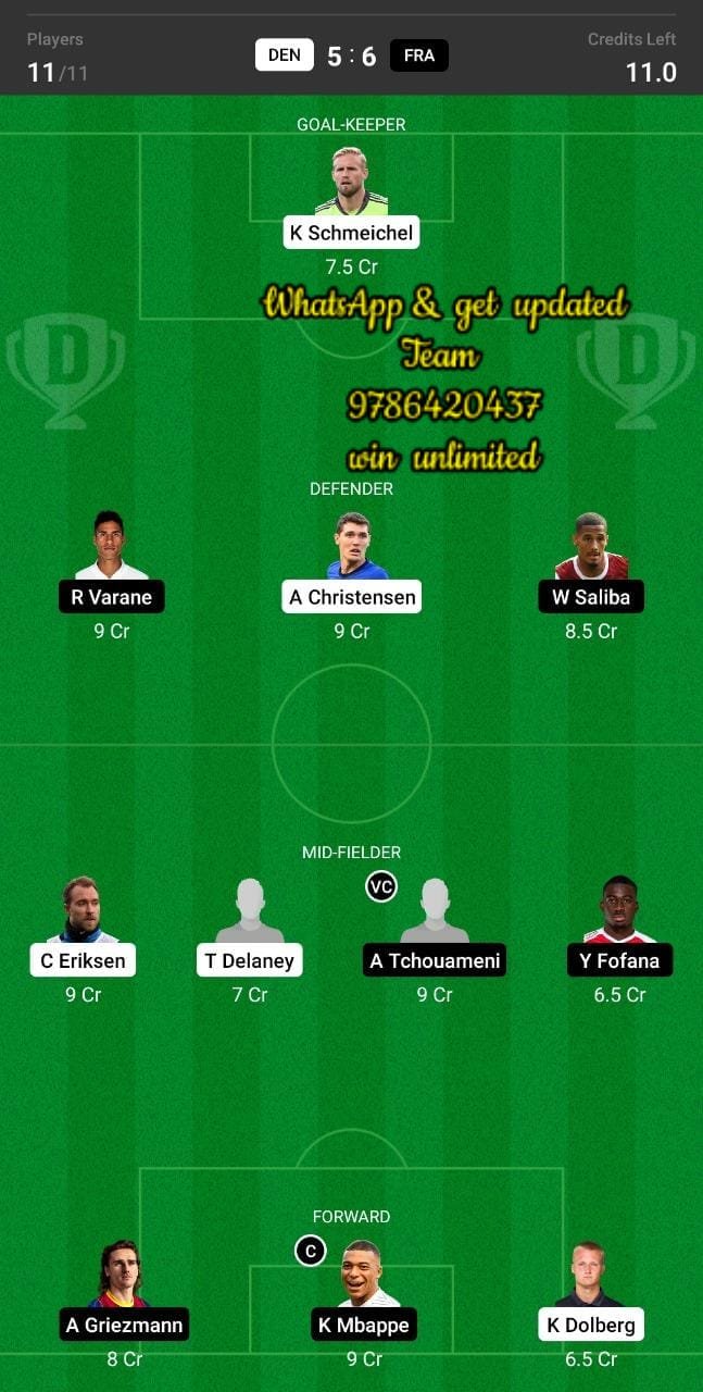 DEN vs FRA Dream11 Team fantasy Prediction UEFA Nations League