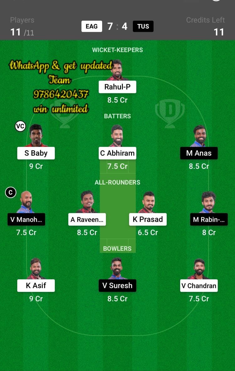 EAG vs TUS 18th Match Dream11 Team fantasy Prediction BYJU'S KCA President Cup T20