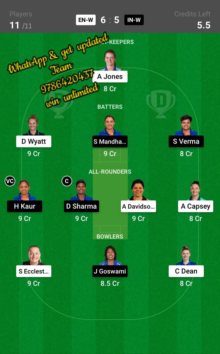 EN-W vs IN-W 2nd ODI Match Dream11 Team fantasy Prediction India Women tour of England