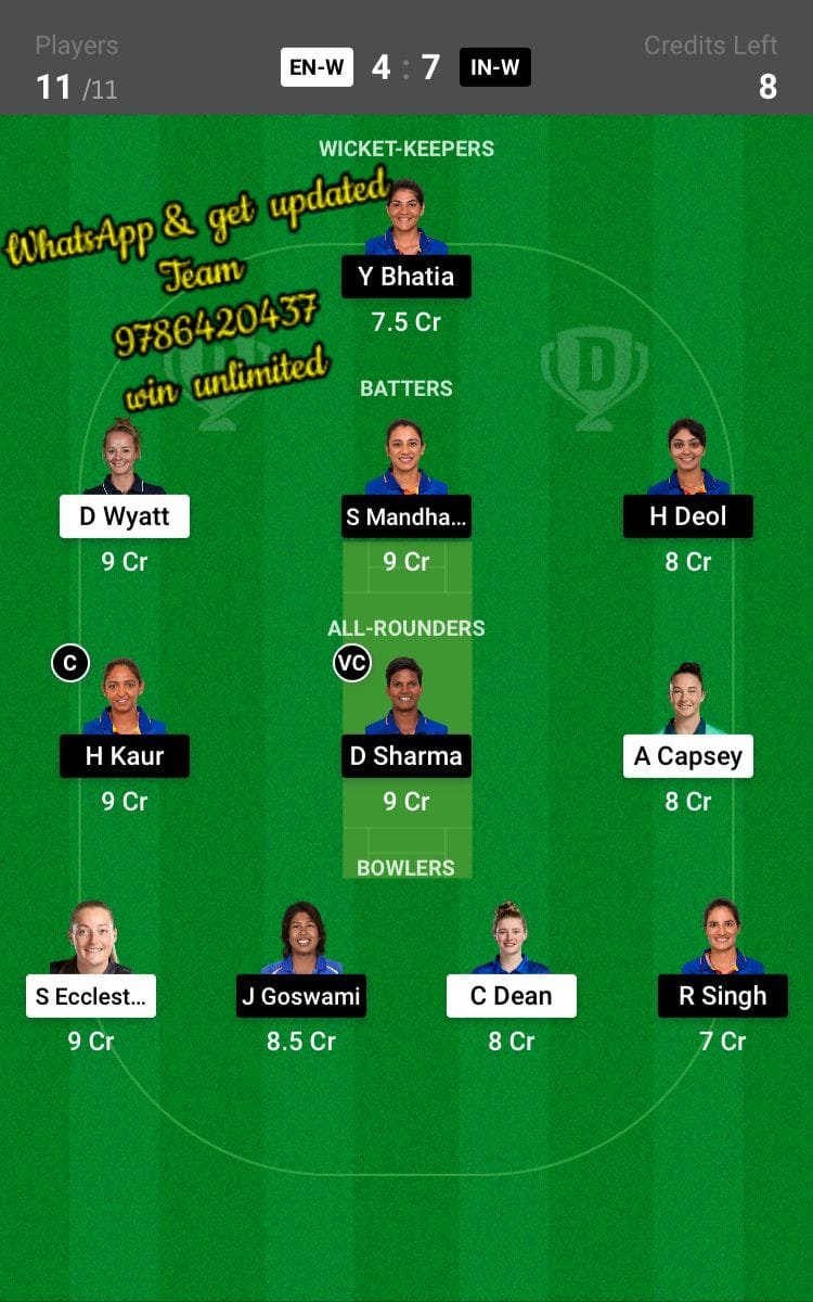 EN-W vs IN-W 3rd ODI Match Dream11 Team fantasy Prediction India Women tour of England