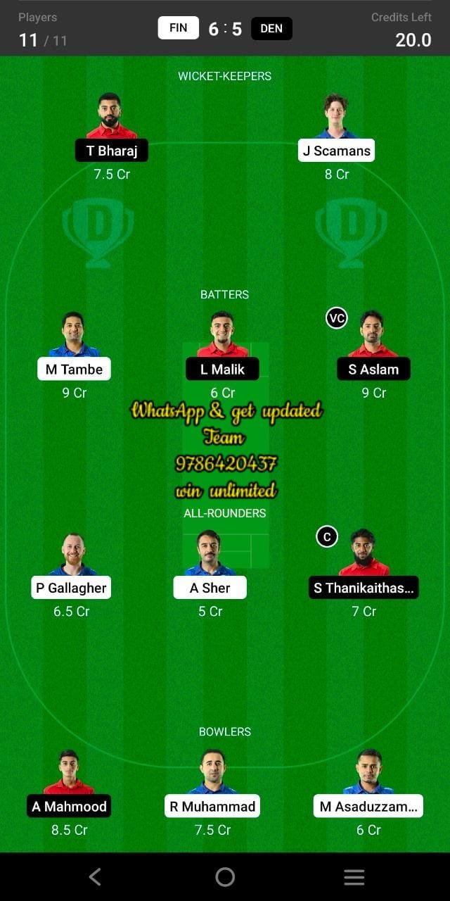 FIN vs DEN 17th Match Dream11 Team fantasy Prediction Dream11 ECC - International T10