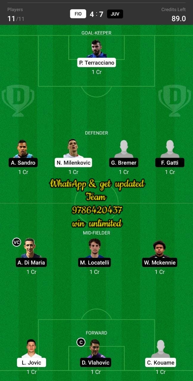 FIO vs JUV Dream11 Team fantasy Prediction Serie A