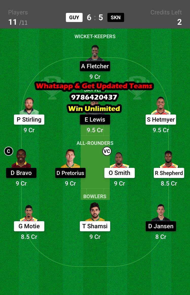 GUY vs SKN 10th Match Dream11 Team fantasy Prediction Hero CPL T20