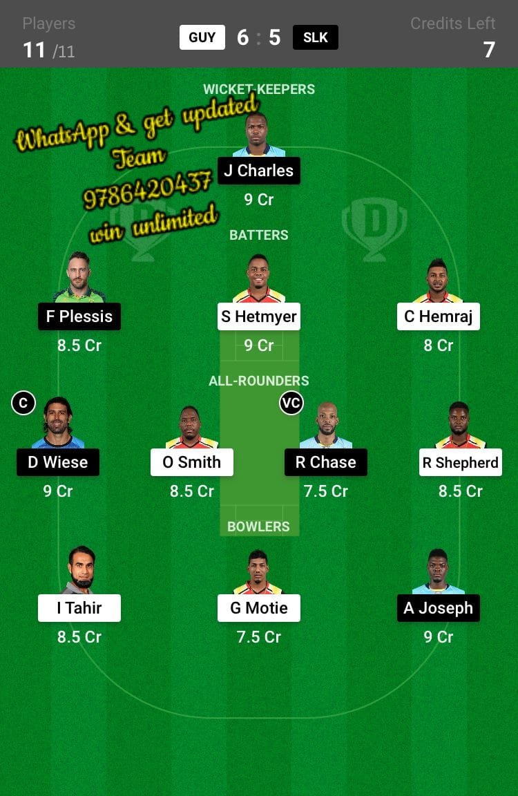 GUY vs SLK 27th Match Dream11 Team fantasy Prediction Hero CPL T20