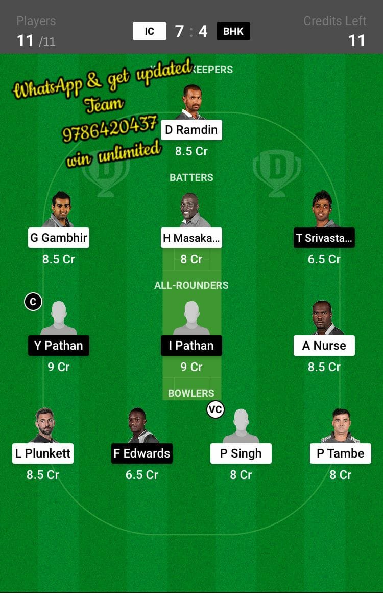 IC vs BHK 6th Match Dream11 Team fantasy Prediction Legends League Cricket