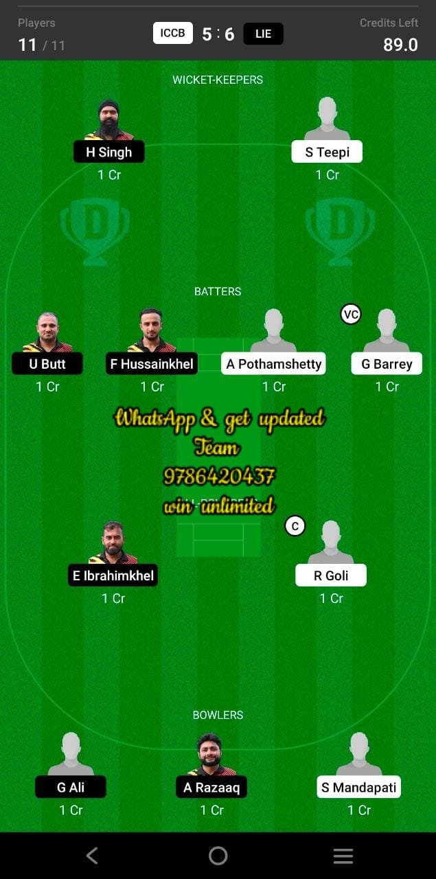 ICCB vs LIE 33rd Match Dream11 Team fantasy Prediction FanCode ECS T10 - Belgium