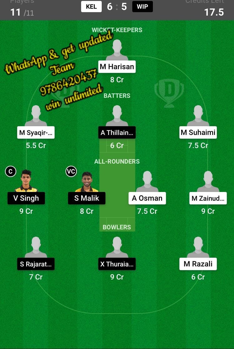 KEL vs WIP 18th Match Dream11 Team fantasy Prediction Sukan Malaysia T20