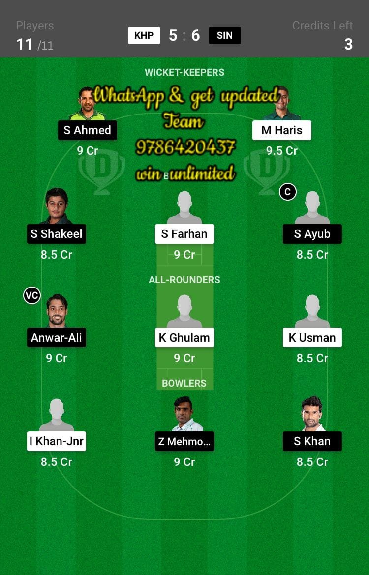 KHP vs SIN 24th Match Dream11 Team fantasy Prediction National T20 Cup