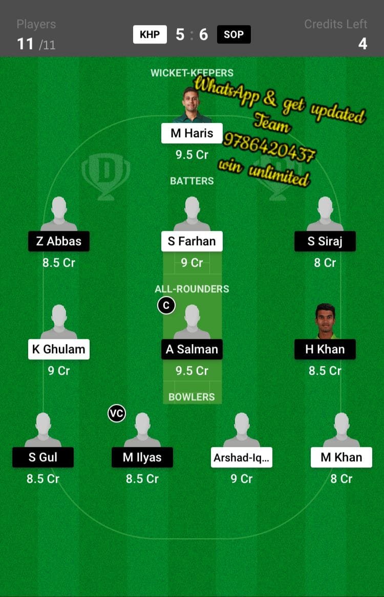 KHP vs SOP 11th Match Dream11 Team fantasy Prediction National T20 Cup