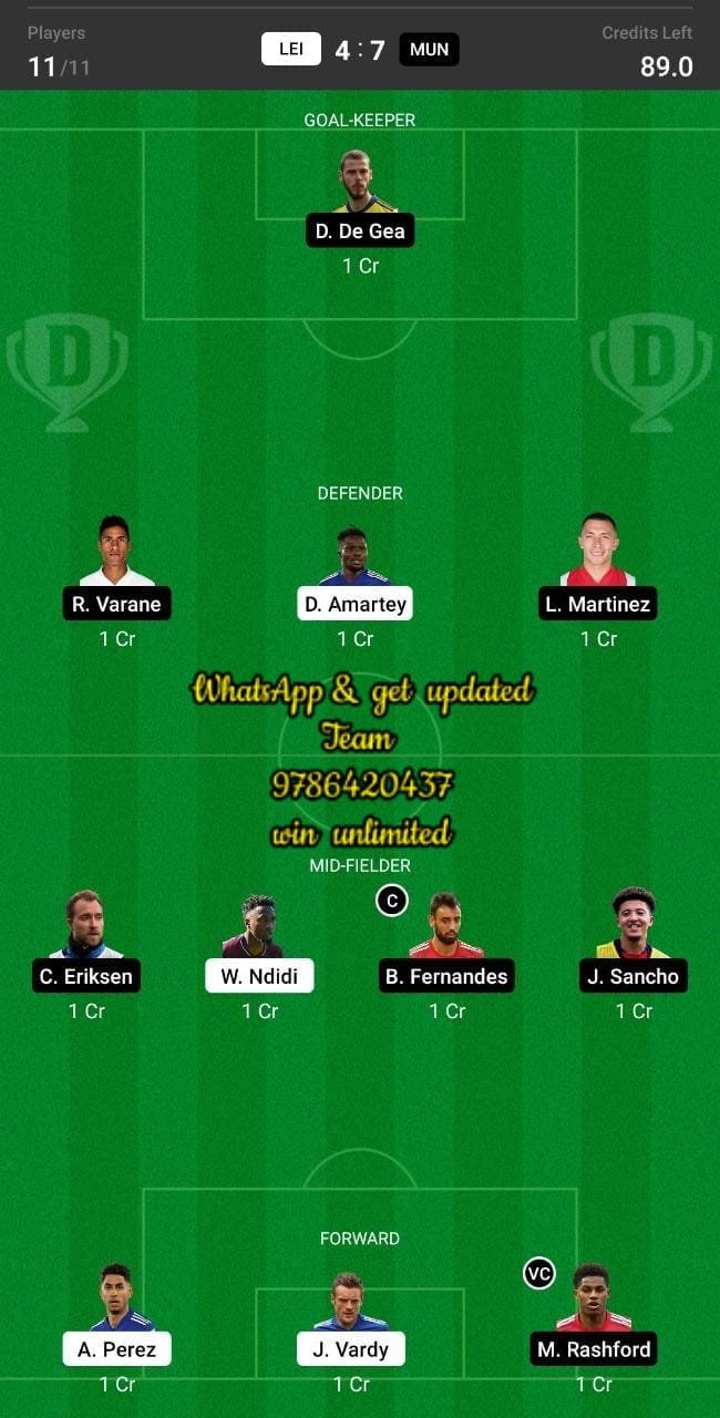 LEI vs MUN Dream11 Team fantasy Prediction Premier League