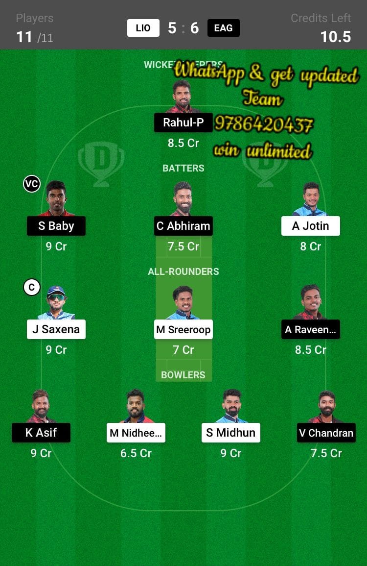 LIO vs EAG 22nd Match Dream11 Team fantasy Prediction BYJU'S KCA President Cup T20