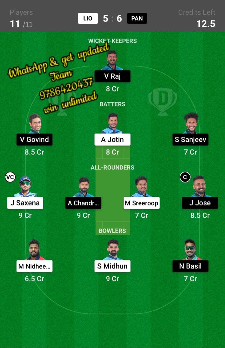 LIO vs PAN 17th Match Dream11 Team fantasy Prediction BYJU'S KCA President Cup T20