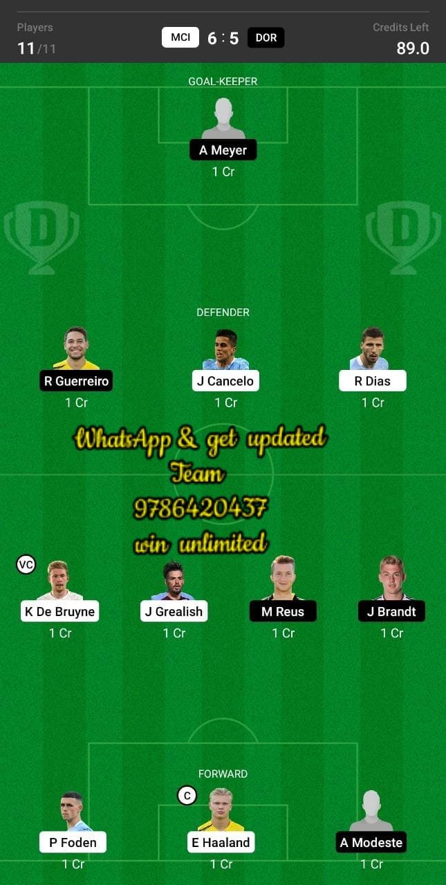 MCI vs DOR Dream11 Team fantasy Prediction UEFA Champions League